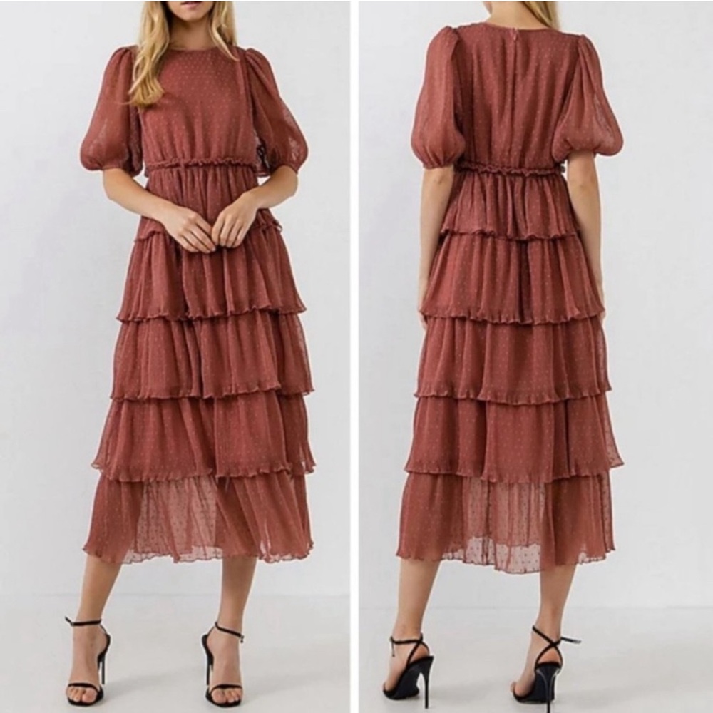 New English Factory Mauve Puff Sleeve Dotted Layer Embroidered Maxi Dres…